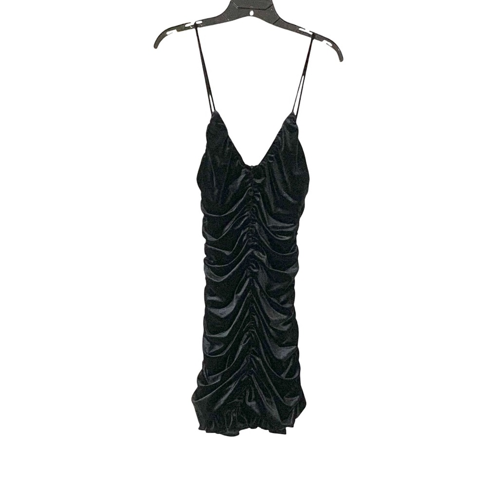 NWT Zara XS Black Velvet Fully Ruched Mini LBD Dress Plunge Neckline Clubbing